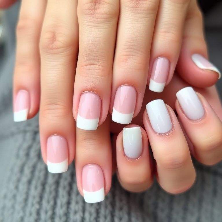 Classic French manicure and pedicure with nude base and white tips
